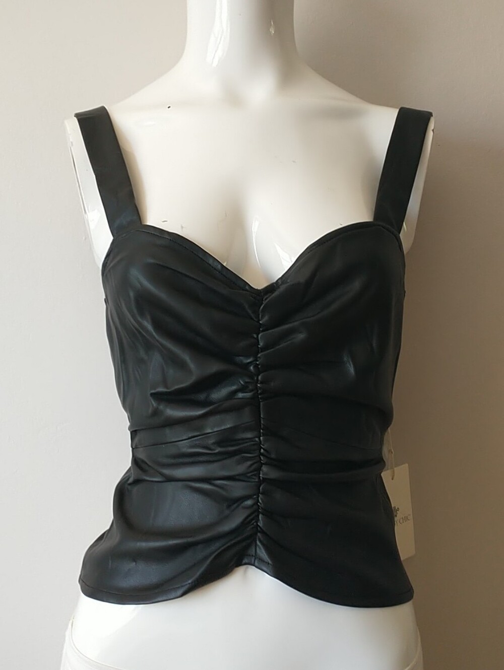 Shabby Chic Faux Leather Weather Tank Top XS Black Adjustable Straps Ruched Goth